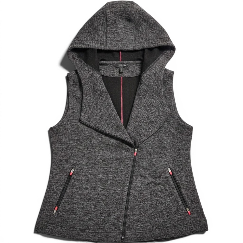 Eileen Fisher Gray Italian Fabric Asymmetric Zip Hooded Vest Size XS